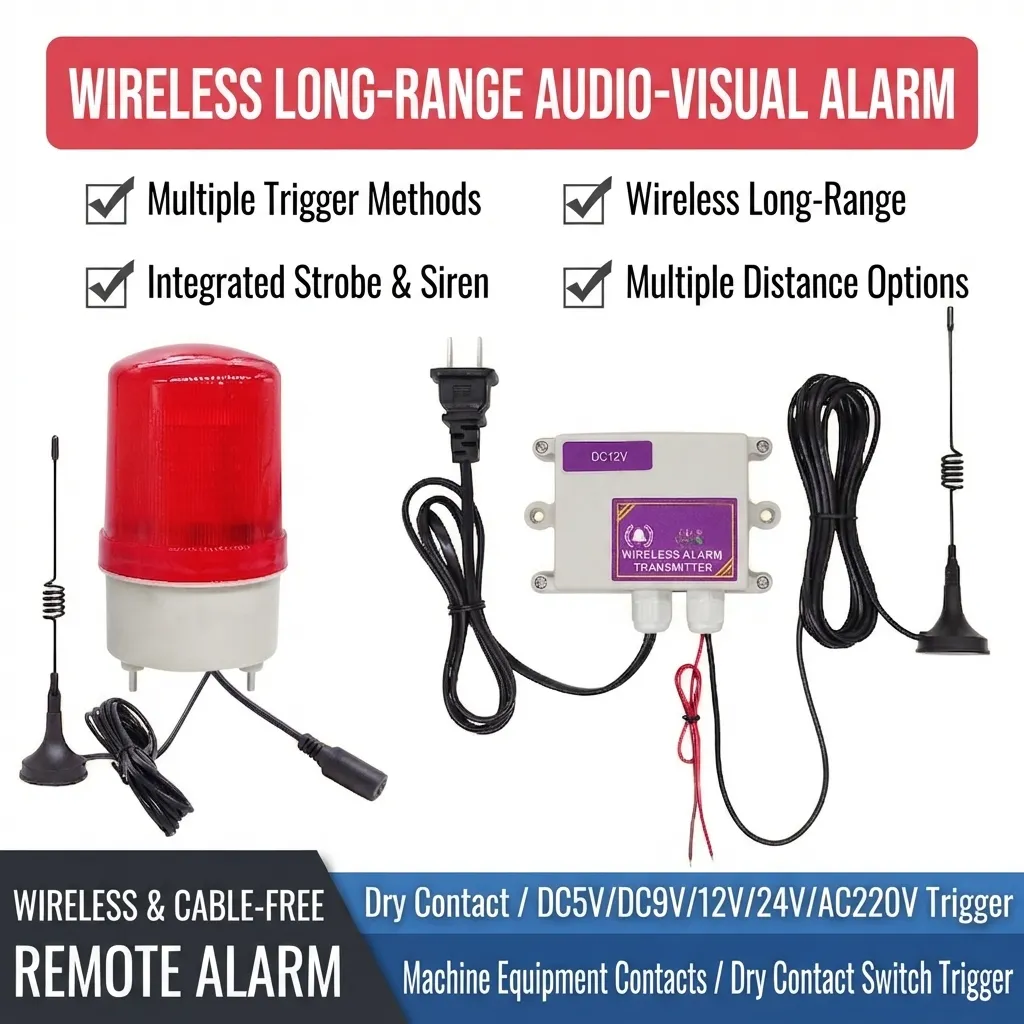 Wireless Long-Range Audio-Visual Alarm / Wireless & Cable-Free Remote Alarm